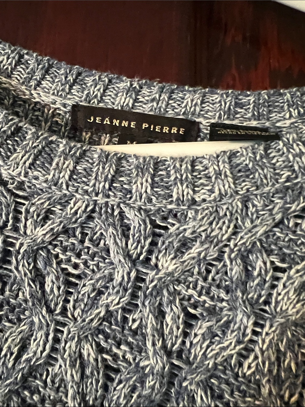 JEANNE PIERRE Heathered Blue Crewneck Cable Knit Sweater